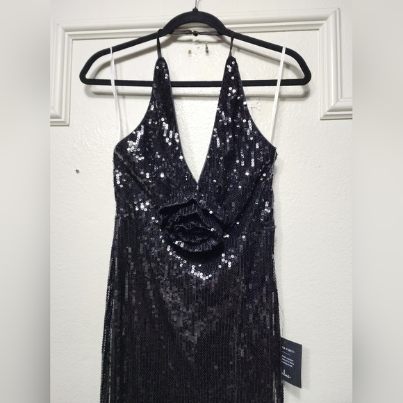 Lulus Pretty Sensational Black Sequin Rosette Halter Maxi Dress S Wedding Party - Picture 7 of 11